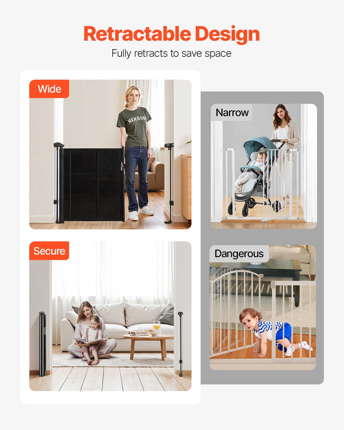 Retractable Baby Gate, 870 mm Tall, Extends up to 1400 mm Wide, Retractable Gate for Kids or Pets, Mesh Material, Easy to Install for Indoor Stairs, Doorways, Hallways, Playrooms, Black