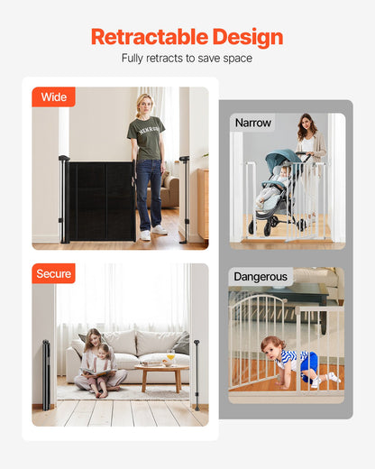 Retractable Baby Gate, 870 mm Tall, Extends up to 1400 mm Wide, Retractable Gate for Kids or Pets, Mesh Material, Easy to Install for Indoor Stairs, Doorways, Hallways, Playrooms, Black