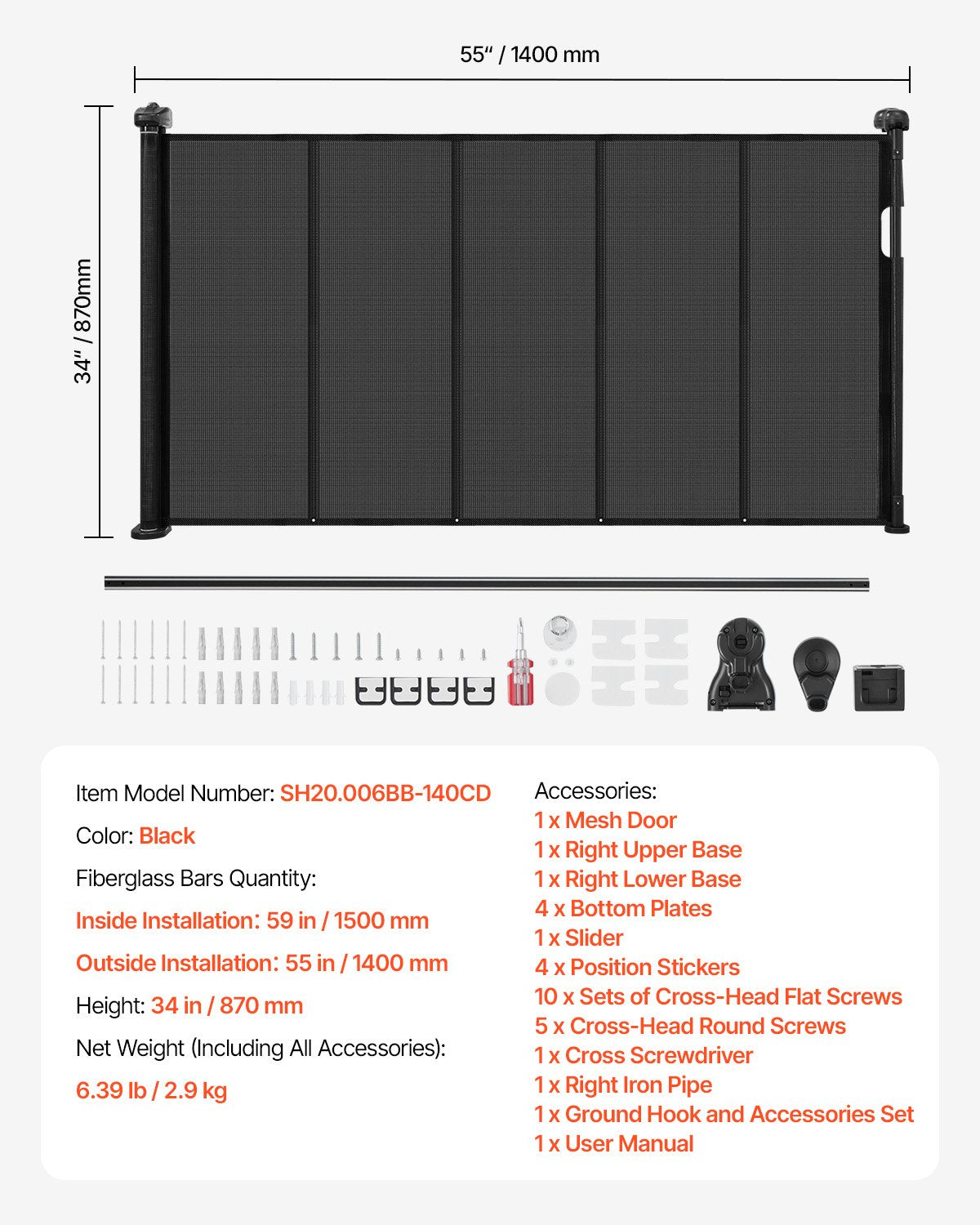 Retractable Baby Gate, 870 mm Tall, Extends up to 1400 mm Wide, Retractable Gate for Kids or Pets, Mesh Material, Easy to Install for Indoor Stairs, Doorways, Hallways, Playrooms, Black