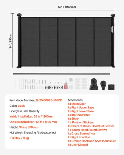 Retractable Baby Gate, 870 mm Tall, Extends up to 1400 mm Wide, Retractable Gate for Kids or Pets, Mesh Material, Easy to Install for Indoor Stairs, Doorways, Hallways, Playrooms, Black