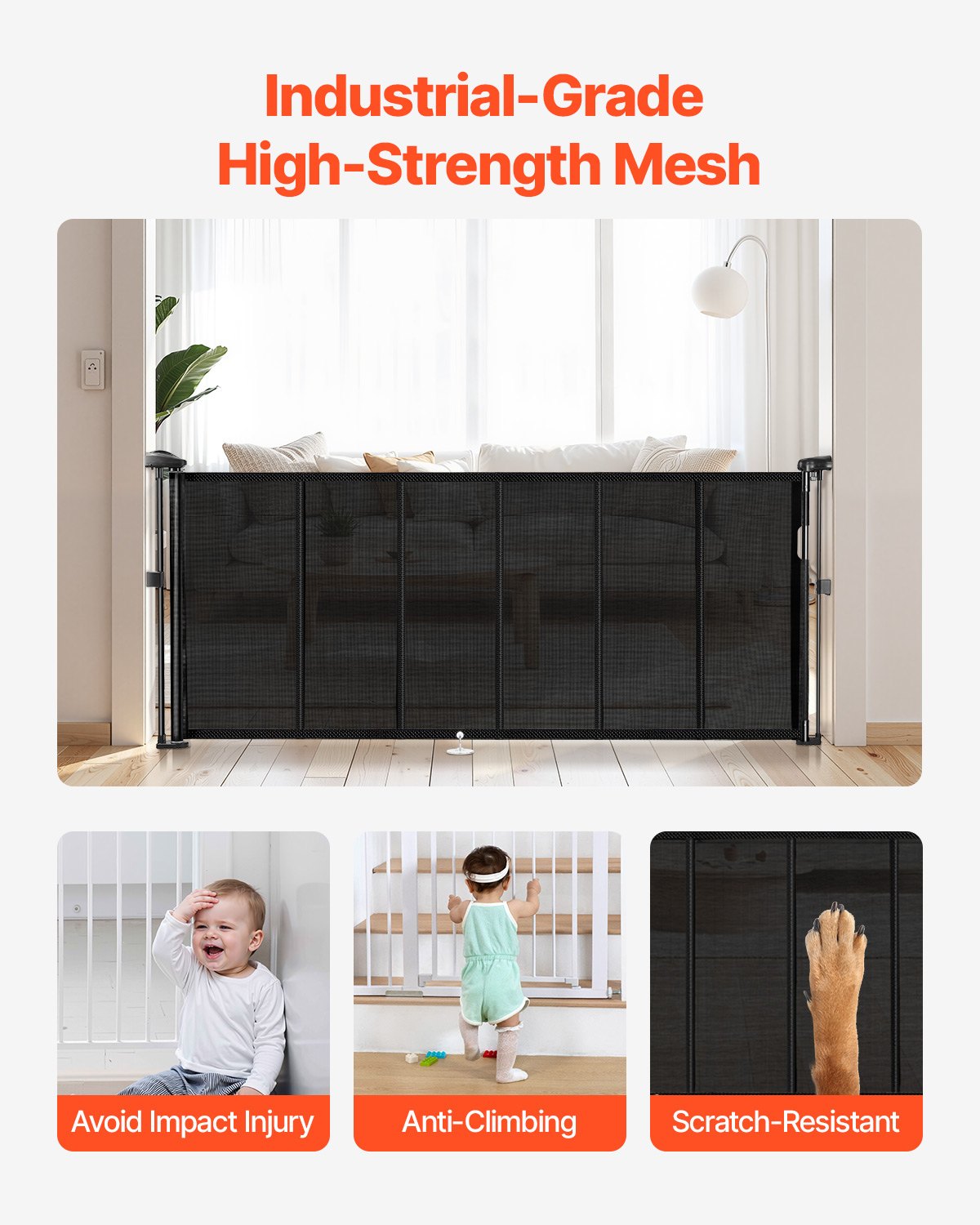 Retractable Baby Gate, 870 mm Tall, Extends up to 1800 mm Wide, Retractable Gate for Kids or Pets, Mesh Material, Easy to Install for Indoor Stairs, Doorways, Hallways, Playrooms, Black