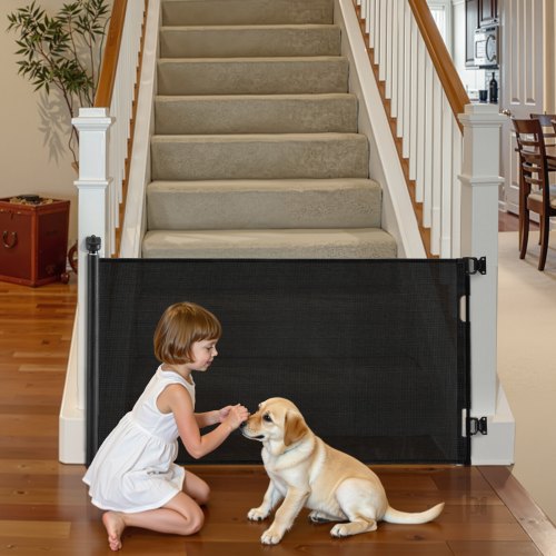 Retractable Baby Gate, Extends to 1850 mm Wide, 980 mm Tall, with Security Lock, Easy to Use, Walk Through Without Tripping, Mesh Dog Gate for Stairs, Hallways, Indoor/Outdoor, Black