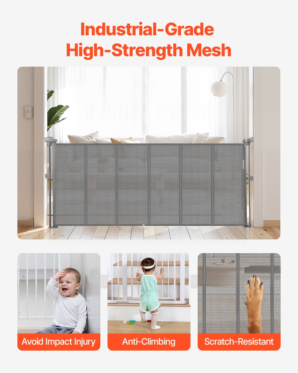 Retractable Baby Gate, 870 mm Tall, Extends up to 1800 mm Wide, Retractable Gate for Kids or Pets, Mesh Material, Easy to Install for Indoor Stairs, Doorways, Hallways, Playrooms, Gray