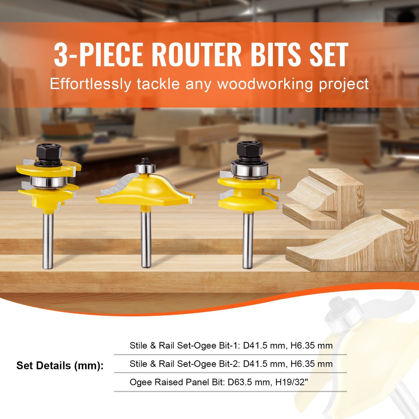 Router Bits Set, 3 Pieces, Carbide Router Bit Kit with 6.35 mm(1/4 Inch) Shank, Wood Carrying Case, Woodworking Tools for Professional and Beginners Carpenter, for Wood MDF Particle Board Plywood