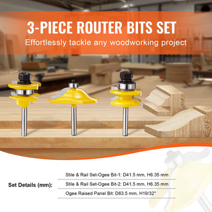 Router Bits Set, 3 Pieces, Carbide Router Bit Kit with 6.35 mm(1/4 Inch) Shank, Wood Carrying Case, Woodworking Tools for Professional and Beginners Carpenter, for Wood MDF Particle Board Plywood