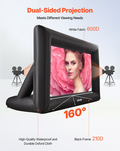 14 ft Inflatable Movie Screen, 600D Washable Inflatable Projection Screen with Portable Storage Bag, Easy Set Up 16:9 Movie Projector for Outdoor Backyard, Home Theater, Theme Party, Pool Fun