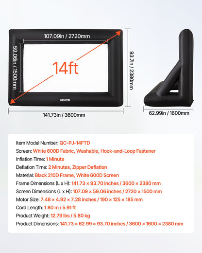 14 ft Inflatable Movie Screen, 600D Washable Inflatable Projection Screen with Portable Storage Bag, Easy Set Up 16:9 Movie Projector for Outdoor Backyard, Home Theater, Theme Party, Pool Fun