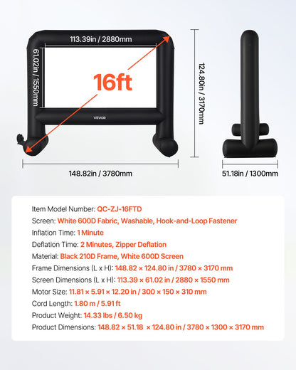 16 ft Inflatable Movie Screen, 600D Washable Inflatable Projector Screen with Portable Storage Bag, 16:9 Easy Set Up Movie Projection for Outdoor Backyard, Home Theater, Theme Party, Pool Fun