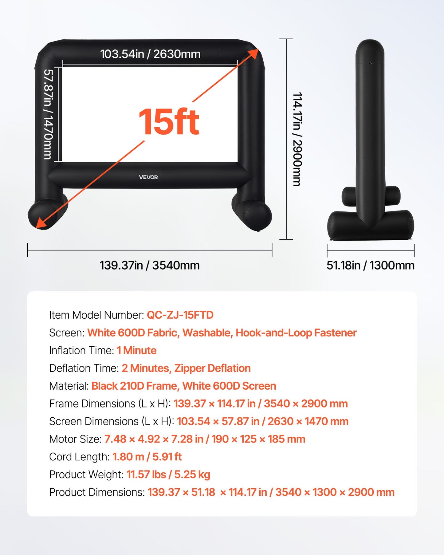 15 ft Inflatable Movie Screen, 600D Washable Inflatable Projection Screen with Portable Storage Bag, Easy Set Up 16:9 Movie Projector for Outdoor Backyard, Home Theater, Theme Party, Pool Fun