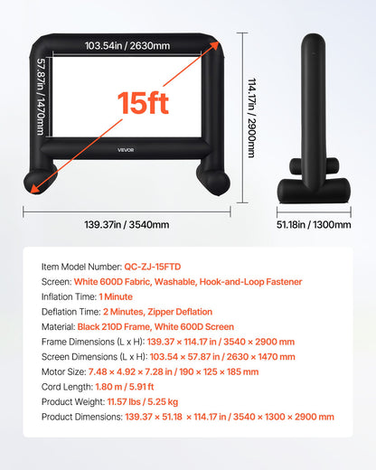 15 ft Inflatable Movie Screen, 600D Washable Inflatable Projection Screen with Portable Storage Bag, Easy Set Up 16:9 Movie Projector for Outdoor Backyard, Home Theater, Theme Party, Pool Fun