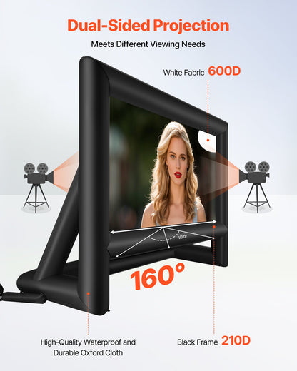 20 ft Inflatable Movie Screen, 600D Washable Inflatable Projector Screen with Portable Storage Bag, 16:9 Easy Set Up Movie Projection for Outdoor Backyard, Home Theater, Theme Party, Pool Fun
