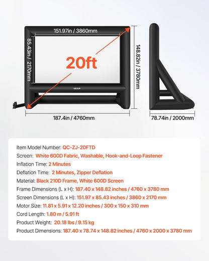 20 ft Inflatable Movie Screen, 600D Washable Inflatable Projector Screen with Portable Storage Bag, 16:9 Easy Set Up Movie Projection for Outdoor Backyard, Home Theater, Theme Party, Pool Fun