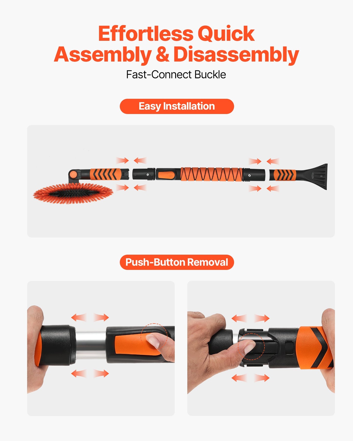 Snöskyffel och snöborste, 107 cm utdragbar snökvast och isskrapa med 180° vridbart borsthuvud, halkfritt grepp, bärbara vintersnöröjningsverktyg för bilar, lastbilar, stadsjeepar, fordon