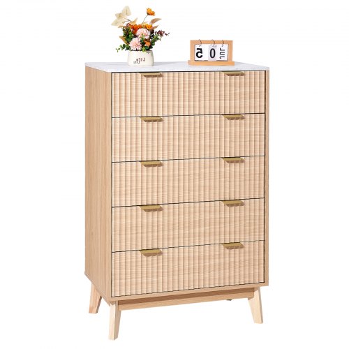 5 Fluted Drawer Dresser, Wooden Chest of Drawers with Sliding & Anti-tip Device, Modern Minimalist Dresser Chest, Closet Storage Organizer for Living Room, Hallway, Bedroom, Entryway, Light Wood