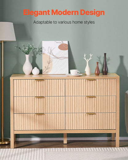 6 Fluted Drawer Dresser, Wooden Chest of Drawers with Sliding & Anti-tip Device, Modern Minimalist Dresser Chest, Closet Storage Organizer for Living Room, Hallway, Bedroom, Entryway, Light Wood