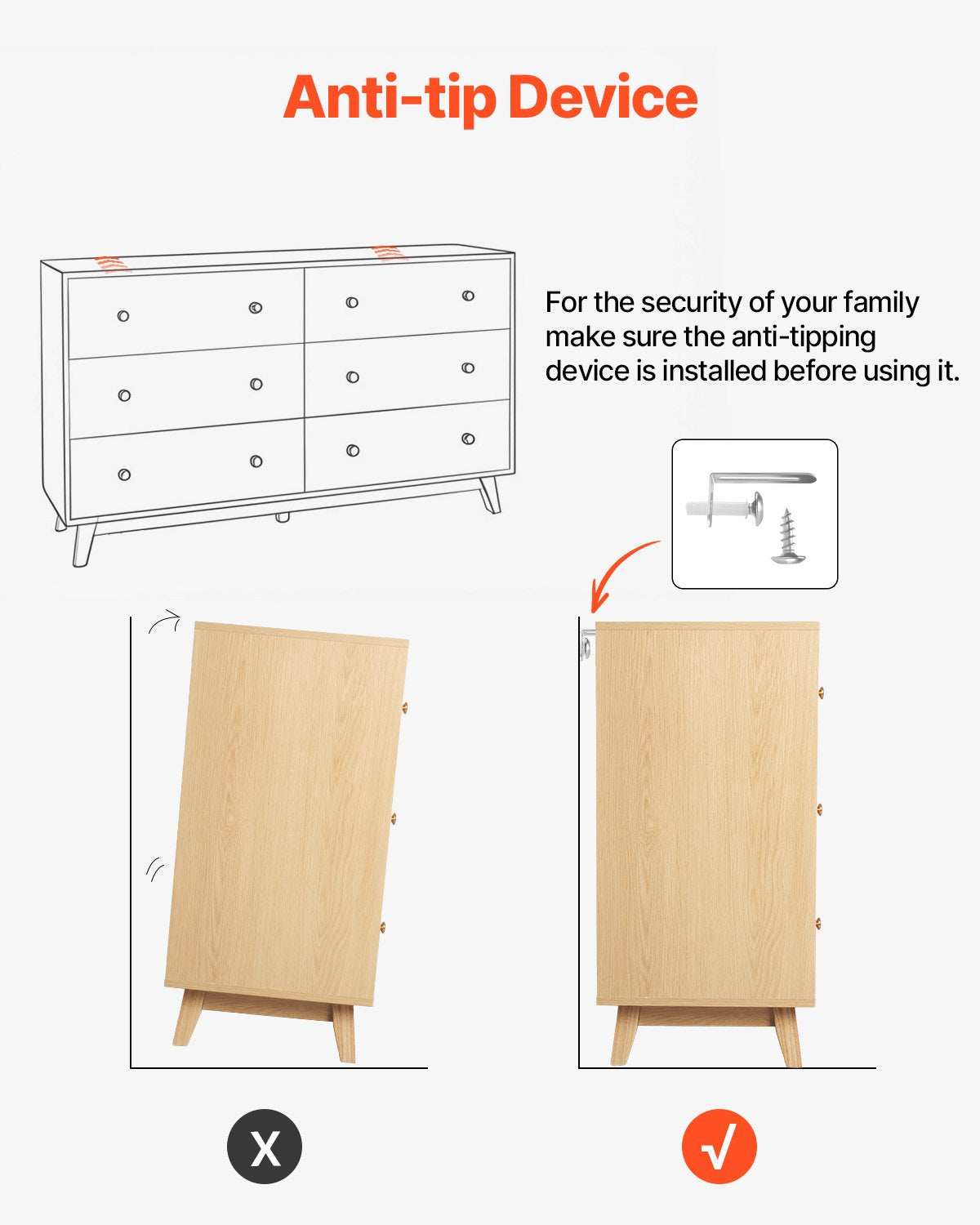 6 Drawer Dresser, Wooden Chest of Drawers with Sliding with Anti-tip Device, Modern Minimalist Dresser Chest, Closet Storage Organizer for Living Room, Hallway, Bedroom, Entryway, Light Wood