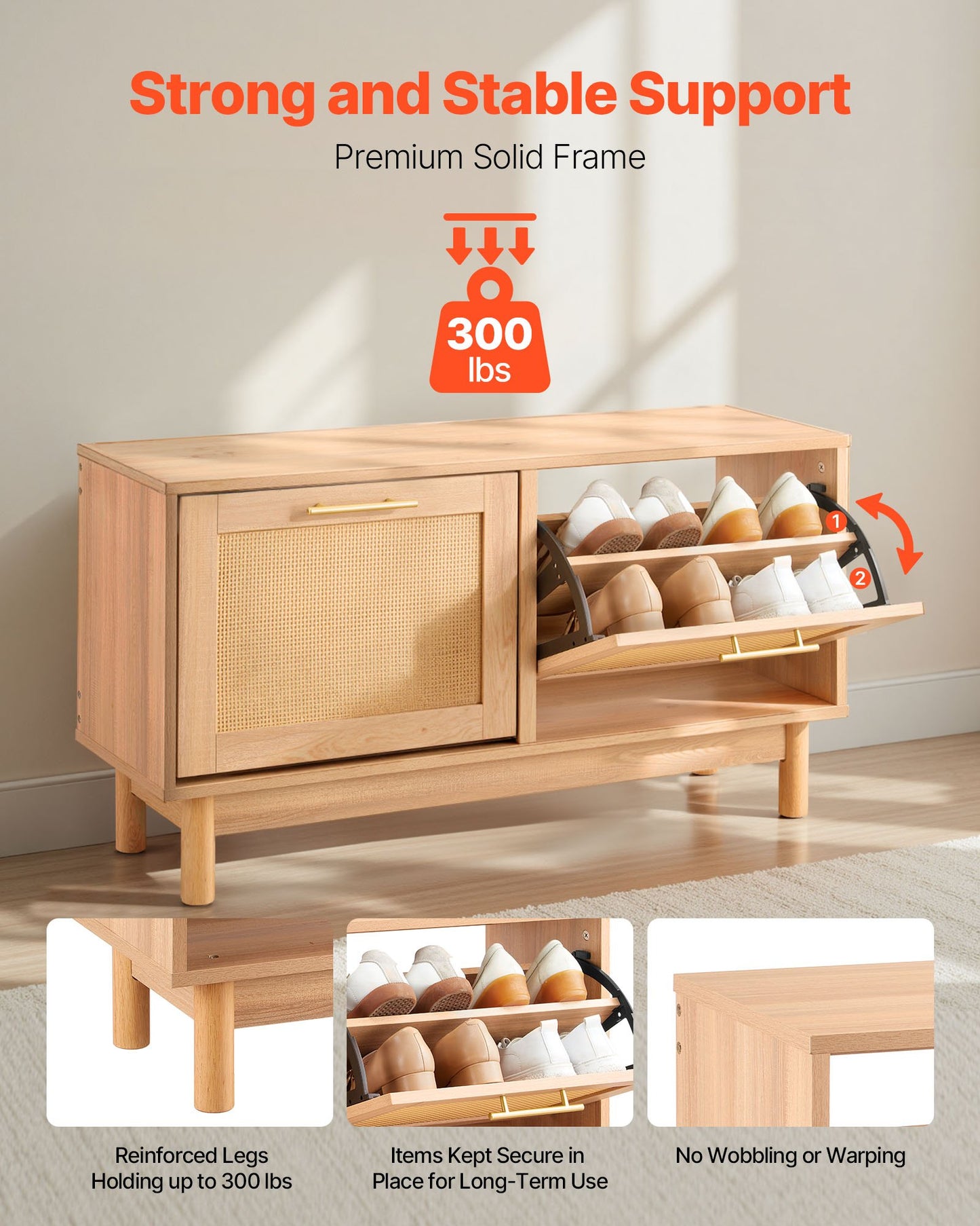 Skobänk för hall, 1000 x 300 x 530 mm rottingliknande skobänk med 2 utfällbara lådor, skohylla 136 kg med 4 fack och 2 rottingdörrar, för hall, vardagsrum, sovrum