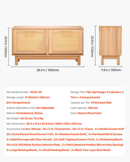 Skobänk för hall, 1000 x 300 x 530 mm rottingliknande skobänk med 2 utfällbara lådor, skohylla 136 kg med 4 fack och 2 rottingdörrar, för hall, vardagsrum, sovrum
