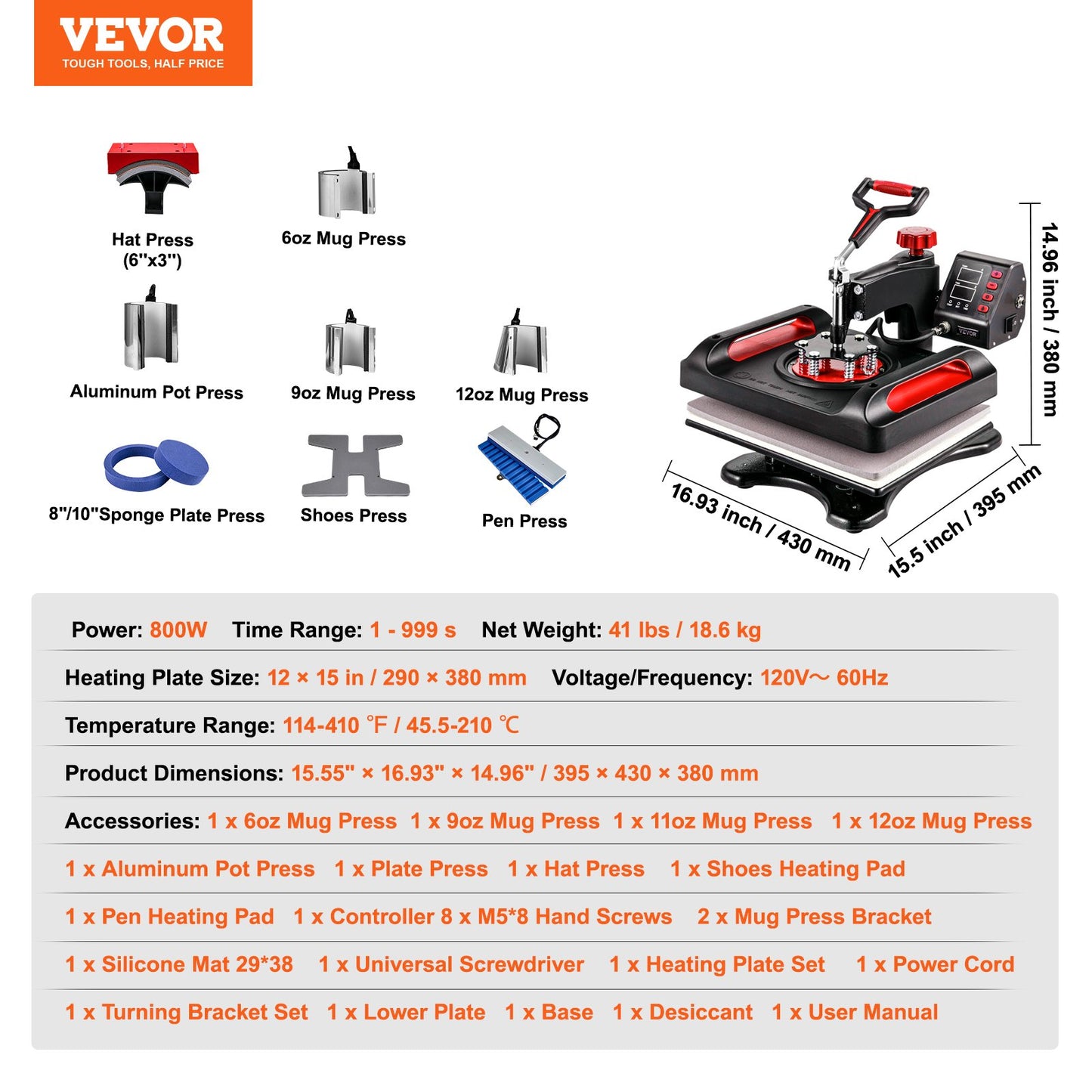 Heat Press Machine Sublimation Machine 15 x 12 Inch/38.1 x 30.5 cm 11 In 1 Kit Heat Press