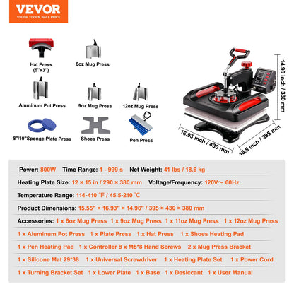 Heat Press Machine Sublimation Machine 15 x 12 Inch/38.1 x 30.5 cm 11 In 1 Kit Heat Press
