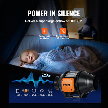 Inline Duct Fan, 102mm 129.7 CFM with Variable Speed Controller, Quiet AC-motor Ventilation Exhaust Fan for Cooling Booster, Grow Tents, Hydroponics