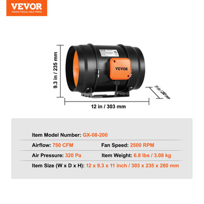 Inline Duct Fan, 203.2mm 506.2 CFM with Variable Speed Controller, Quiet AC-motor Ventilation Exhaust Fan for Cooling Booster, Grow Tents, Hydroponics
