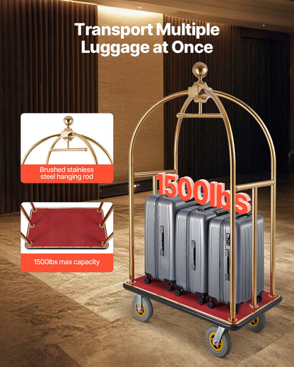 Hotel Luggage Cart, 1500 LBS Load Capacity, Brushed Stainless Steel Bellman's Cart Curved Uprights, Valet Cart with Red Carpeted Deck and 8-inch Rubber Wheels, Ideal for Hotels, Condos, Resorts
