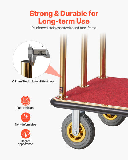 Hotel Luggage Cart, 1500 LBS Load Capacity, Brushed Stainless Steel Bellman's Cart Curved Uprights, Valet Cart with Red Carpeted Deck and 8-inch Rubber Wheels, Ideal for Hotels, Condos, Resorts