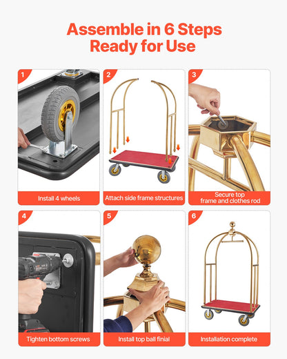 Hotel Luggage Cart, 1500 LBS Load Capacity, Brushed Stainless Steel Bellman's Cart Curved Uprights, Valet Cart with Red Carpeted Deck and 8-inch Rubber Wheels, Ideal for Hotels, Condos, Resorts