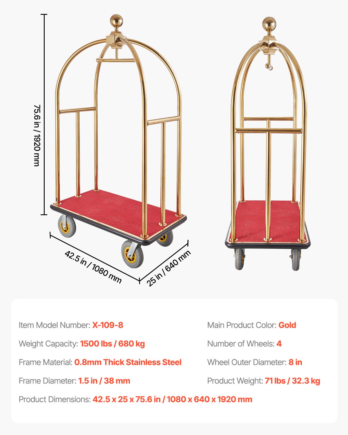 Hotel Luggage Cart, 1500 LBS Load Capacity, Brushed Stainless Steel Bellman's Cart Curved Uprights, Valet Cart with Red Carpeted Deck and 8-inch Rubber Wheels, Ideal for Hotels, Condos, Resorts