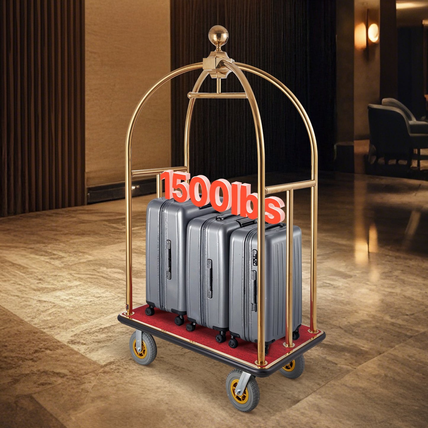 Hotel Luggage Cart, 1500 LBS Load Capacity, Brushed Stainless Steel Bellman's Cart Curved Uprights, Valet Cart with Red Carpeted Deck and 8-inch Rubber Wheels, Ideal for Hotels, Condos, Resorts