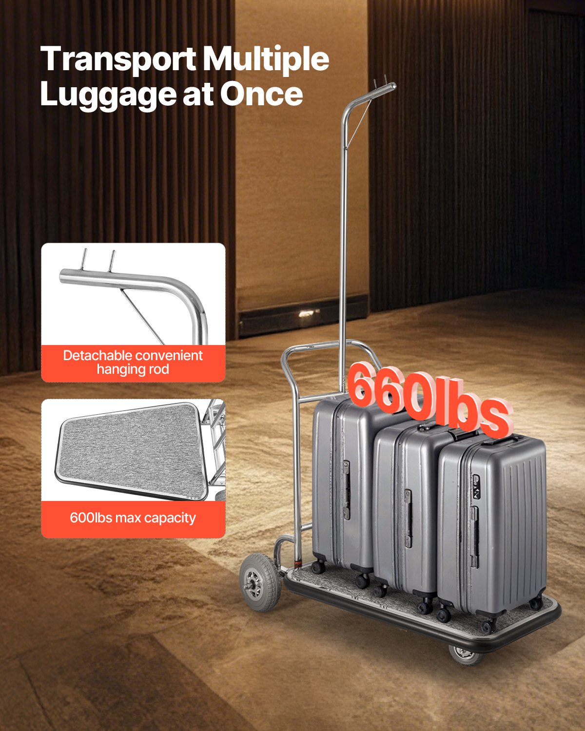 Luggage Cart, 600 LBS Load Capacity, 3 Wheel Stainless Steel Bellman Cart, Valet Cart with Grey Carpeted Deck and Rubber Wheels, Ideal for Convention Centers, Hotels, Rental Properties, Silver