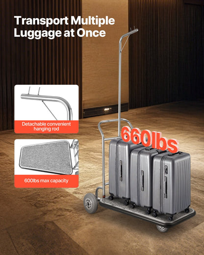 Luggage Cart, 600 LBS Load Capacity, 3 Wheel Stainless Steel Bellman Cart, Valet Cart with Grey Carpeted Deck and Rubber Wheels, Ideal for Convention Centers, Hotels, Rental Properties, Silver