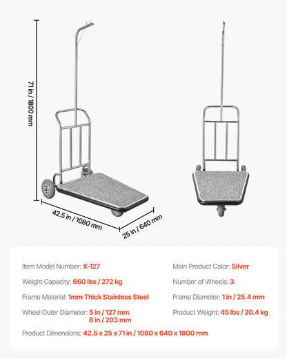 Luggage Cart, 600 LBS Load Capacity, 3 Wheel Stainless Steel Bellman Cart, Valet Cart with Grey Carpeted Deck and Rubber Wheels, Ideal for Convention Centers, Hotels, Rental Properties, Silver