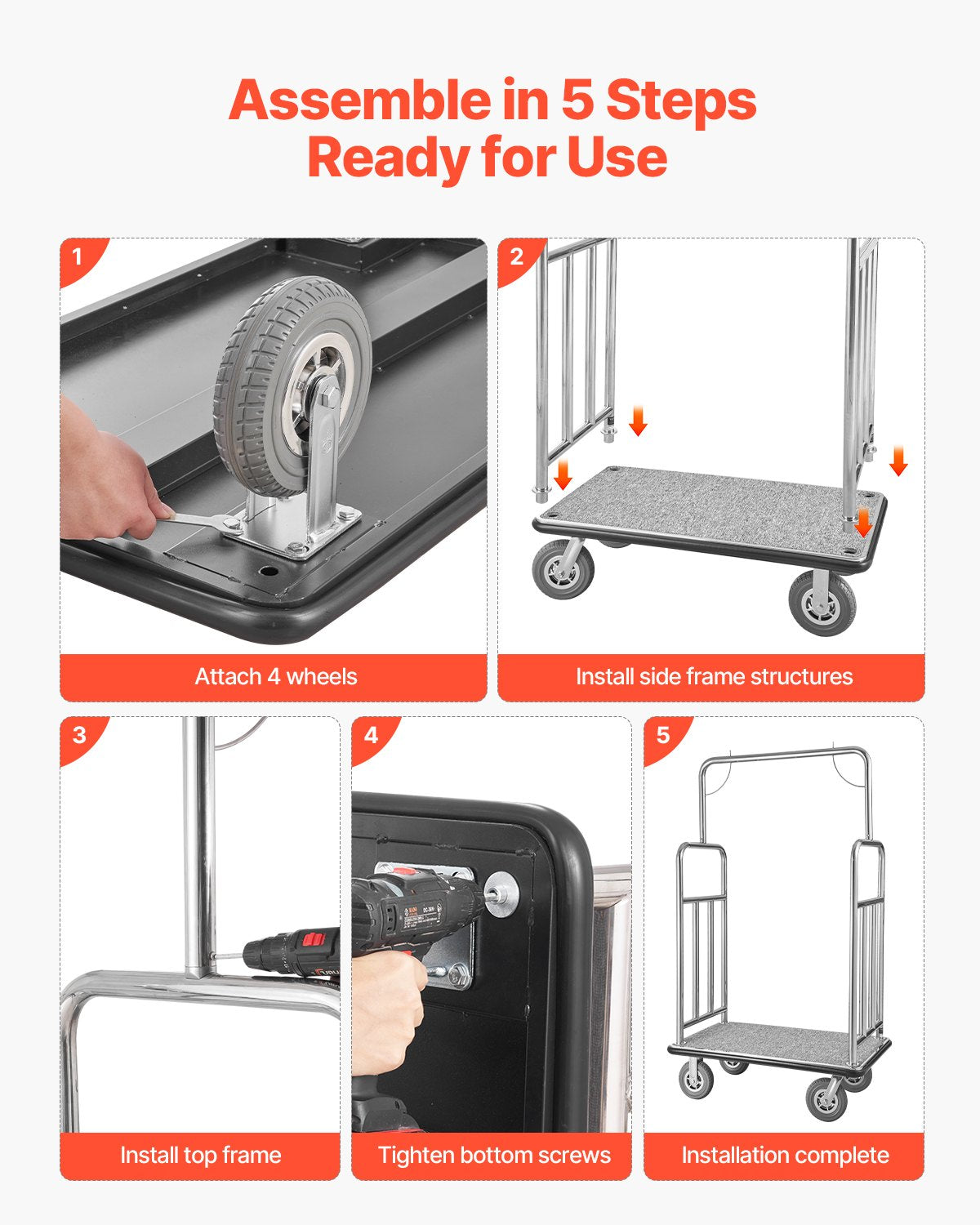Hotel Luggage Cart, 1200 LBS Load Capacity, Brushed Stainless Steel Finish Bellman's Cart, Valet Cart with Grey Carpeted Deck and 8-inch Rubber Wheels, Ideal for Hotels, Condos, Resorts, Silver
