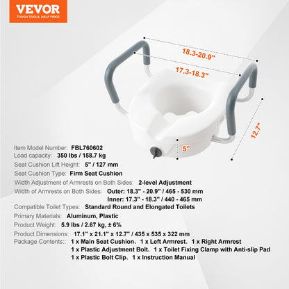 Upphöjd toalettsits 12,7 cm (5"), höjd upphöjd 158,8 kg (350 lbs) för rund och avlång toalett