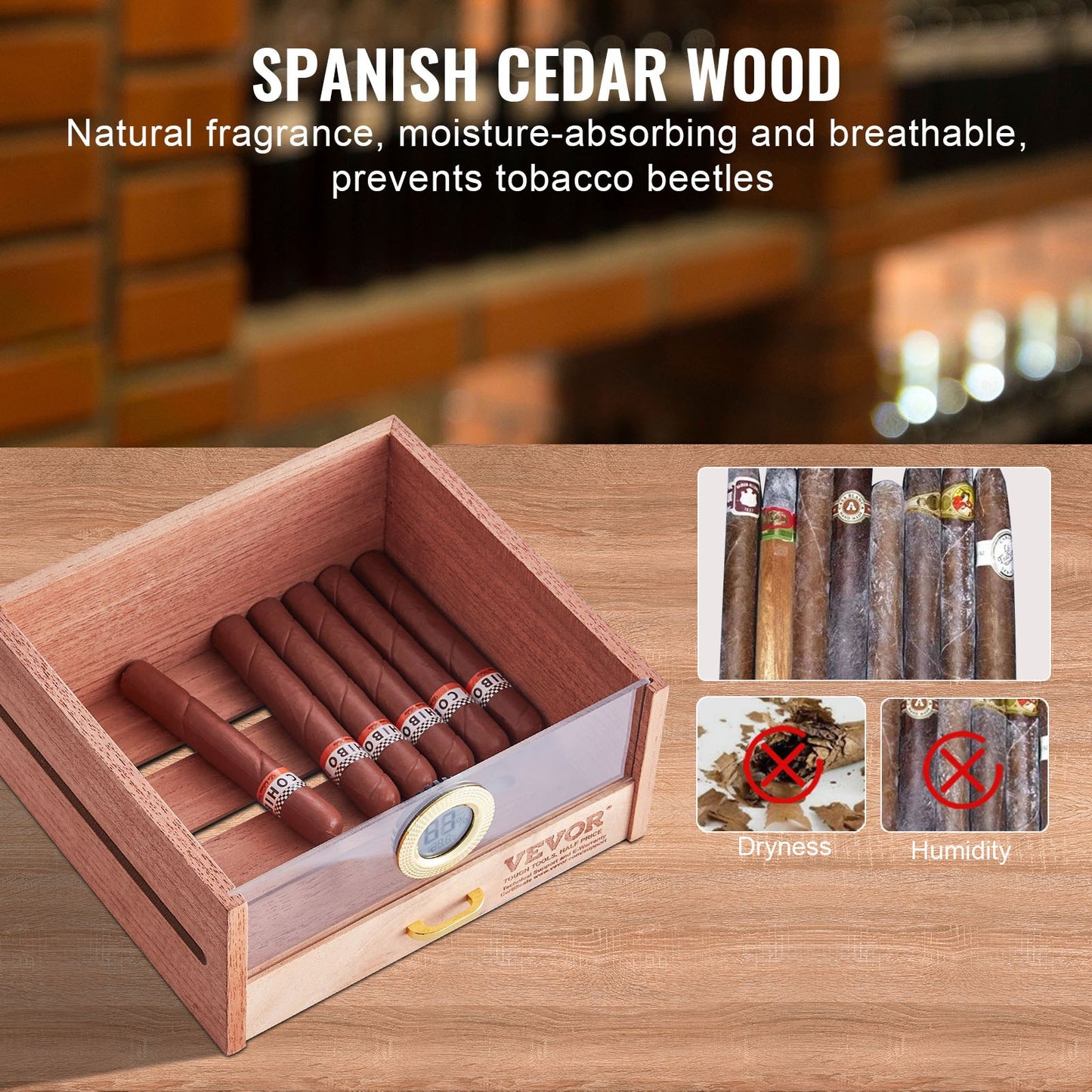 Cigar Humidor Cabinet, Handmade Spanish Cedar Wood Cigar Humidor for 100-150 Cigars, Glass Cigar Desktop Storage Case with Digital Humidifier, Hygrometer, Shelves, and Handle, Great Gift for Men