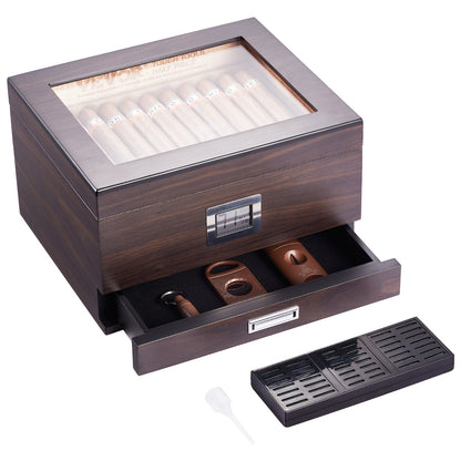 Cigar Humidor, Glass Top Cigar Humidor Box, Handmade Spanish Cedar Wood Cigar Desktop Box, Cigar Storage Case with Humidifier, Hygrometer, Divider and Accessory Drawer, 30-50 Cigars