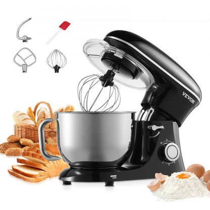 Stand Mixer, 6 QT Dough Mixer, 1400W 6 + P Speeds Tilt-head Food Mixer with Stainless Steel Bowl, Dough Hook, Wire Whip, Flat Beater, Scraper,Household Stand Mixer for Baking, Mixing, Black