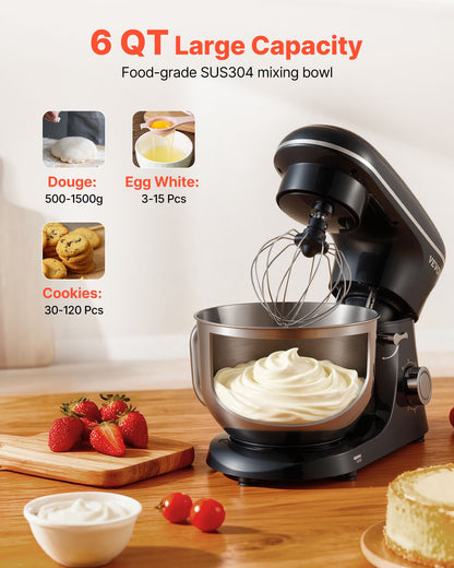 Stand Mixer, 6 QT Dough Mixer, 1400W 6 + P Speeds Tilt-head Food Mixer with Stainless Steel Bowl, Dough Hook, Wire Whip, Flat Beater, Scraper,Household Stand Mixer for Baking, Mixing, Black