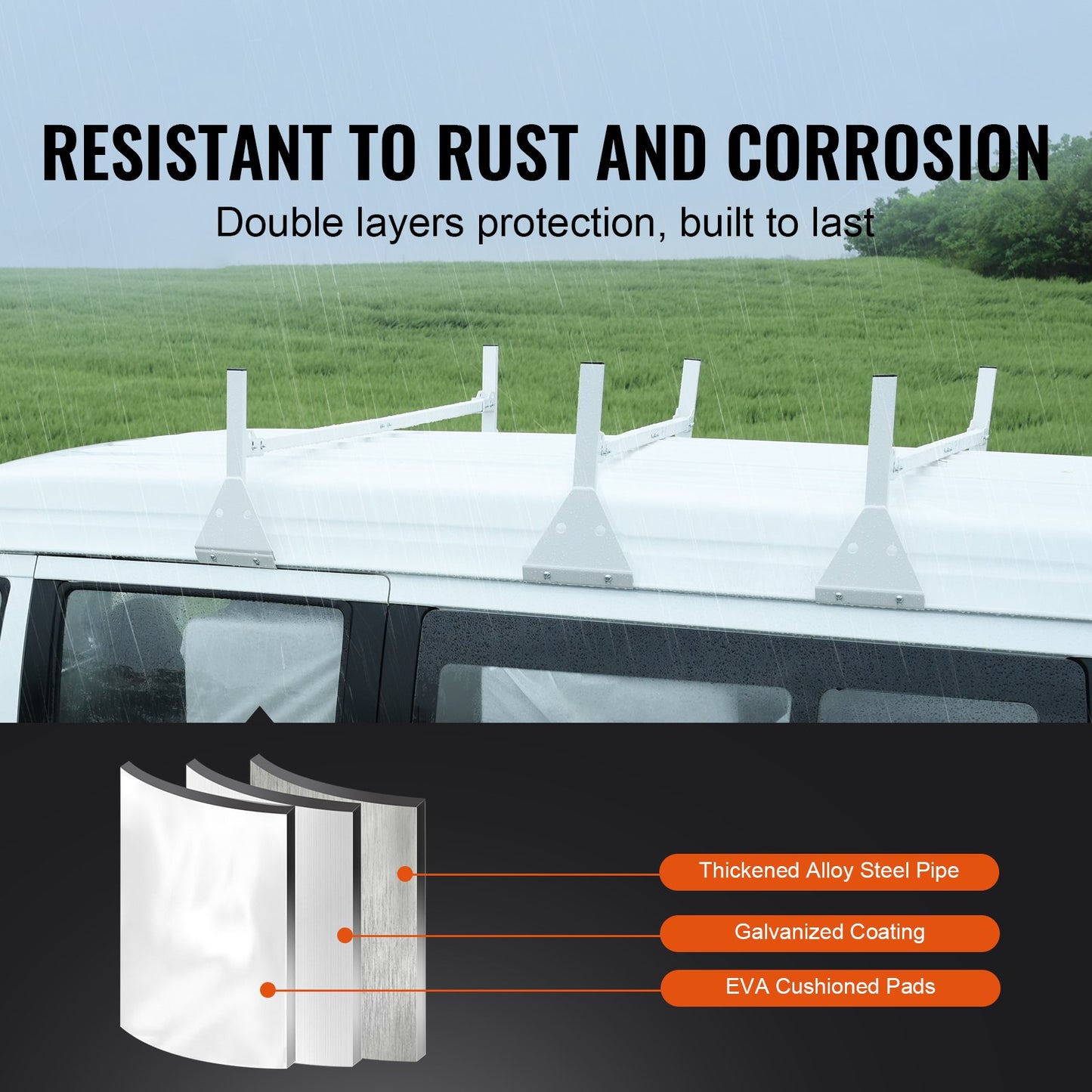 Takräcke för skåpbilar, stegräcken i 3 stänger av legerat stål med stegstopp, 340 kg kapacitet, justerbara takräcken för skåpbilar i fullstorlek med stuprännor, kompatibel med Chevrolet Express etc.