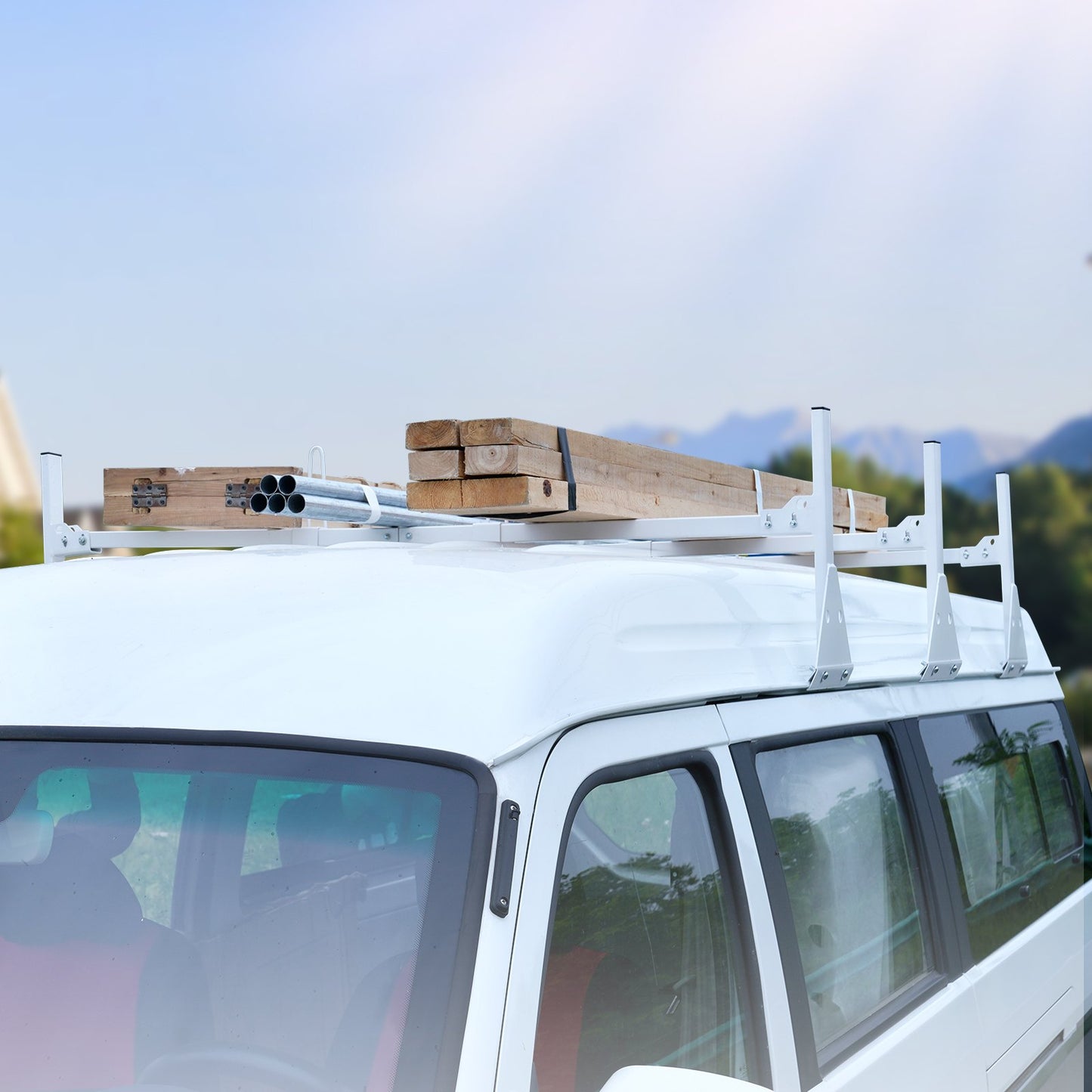 Takräcke för skåpbilar, stegräcken i 3 stänger av legerat stål med stegstopp, 340 kg kapacitet, justerbara takräcken för skåpbilar i fullstorlek med stuprännor, kompatibel med Chevrolet Express etc.