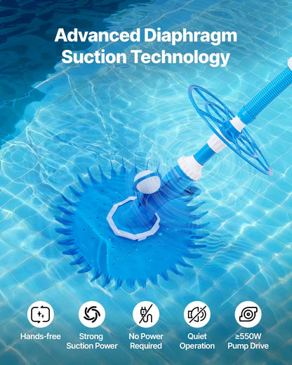 Suction Pool Cleaner, Automatic Pool Vacuum Cleaner, Suction Side Automatic Pool Cleaner, Suction Vacuum Pool Sweeper with 12 Hoses, for In-ground and Above-ground Pool Up to 609.6 x 1066.8 cm