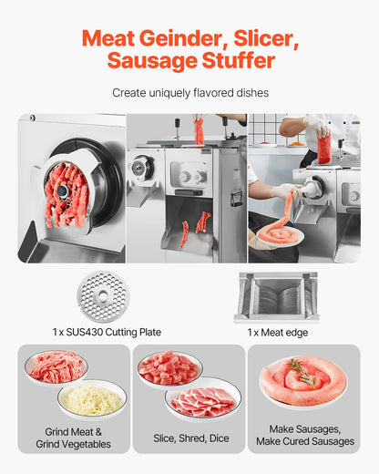 Meat Grinder, 14 Lbs/Min Electric Meat Grinder, Slicer, Sausage Stuffer with Blade, Grinding Plate, Sausage Maker, Stainless Steel Meat Mincer Cabinet for Slice Shred Dice, Restaurant Butcher