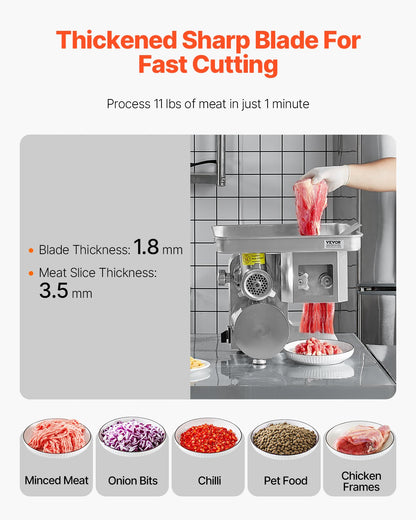 Meat Grinder, 11 Lbs/Min Electric Meat Grinder, Slicer, Sausage Stuffer with Blade, Grinding Plate, Sausage Maker, Stainless Steel Commercial Meat Mincer for Slice Shred Dice, Restaurant Butcher