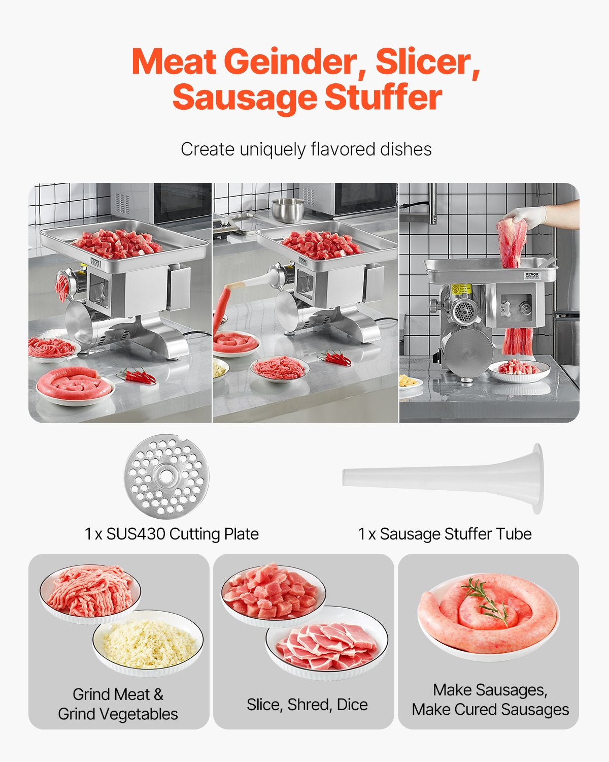 Meat Grinder, 11 Lbs/Min Electric Meat Grinder, Slicer, Sausage Stuffer with Blade, Grinding Plate, Sausage Maker, Stainless Steel Commercial Meat Mincer for Slice Shred Dice, Restaurant Butcher