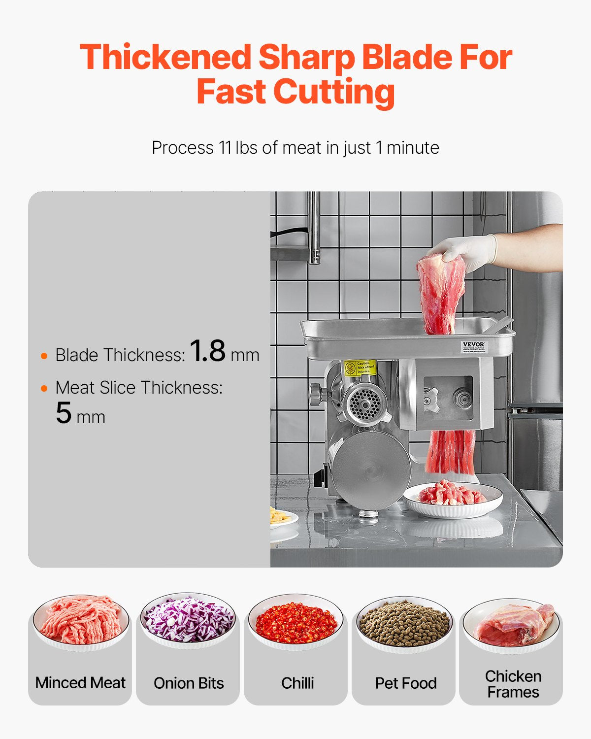 Meat Grinder, 11 Lbs/Min Electric Meat Grinder, Slicer, Sausage Stuffer with Blade, Grinding Plate, Sausage Maker, Stainless Steel Commercial Meat Mincer for Slice Shred Dice, Restaurant Butcher