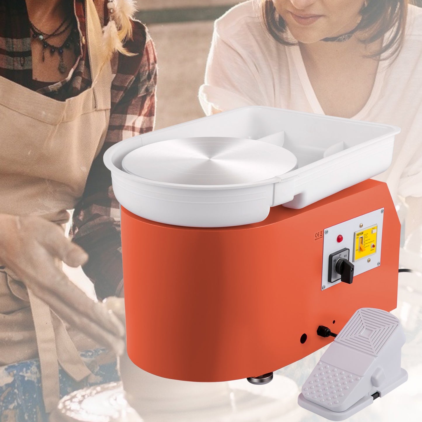 Keramikskiva 27,9 cm 0-300 varv/min keramisk skiva, 350 W justerbar hastighet formningsmaskin med skulpteringsverktyg och förkläde, avtagbar fotpedal för handfat, för konsthantverk och hem-Gör-det-själv, orange