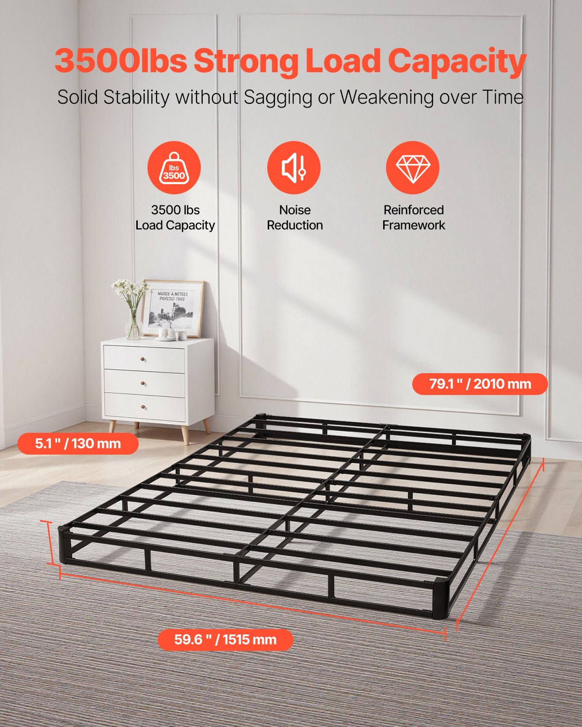 Box Spring, Queen Size Bed Frame with Washable Fabric Cloth, Heavy Duty Metal Frame for Queen Bed, 5 in Mattress Foundation, 3500 lbs Max Weight Capacity, Easy Assembly, 79.1L x 59.6W x 5.1H in