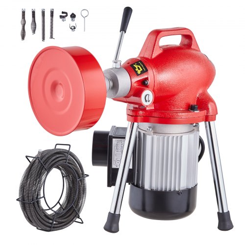 Drain Cleaner Machine 66FT x 5/8 Inch, 250W Electric Sewer Snake Auger Manual Feed - with 2 Sectional Steel Cables (66' x 5/8" and 15' x 3/8"), 7 Cutters and CW/CCW Control for 1.6" to 4" Pipes
